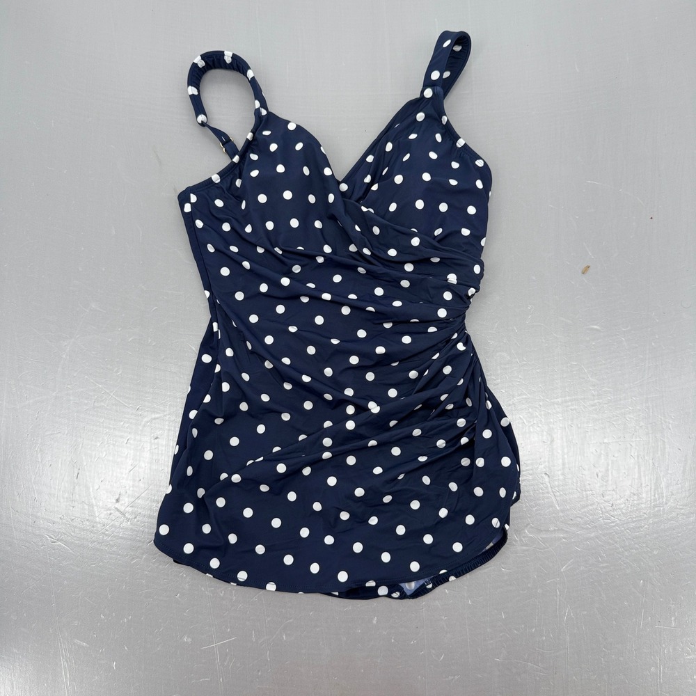 Lands End Navy Polka Dot Slender Tummy Control One Piece Swimsuit 10D‎ 514049